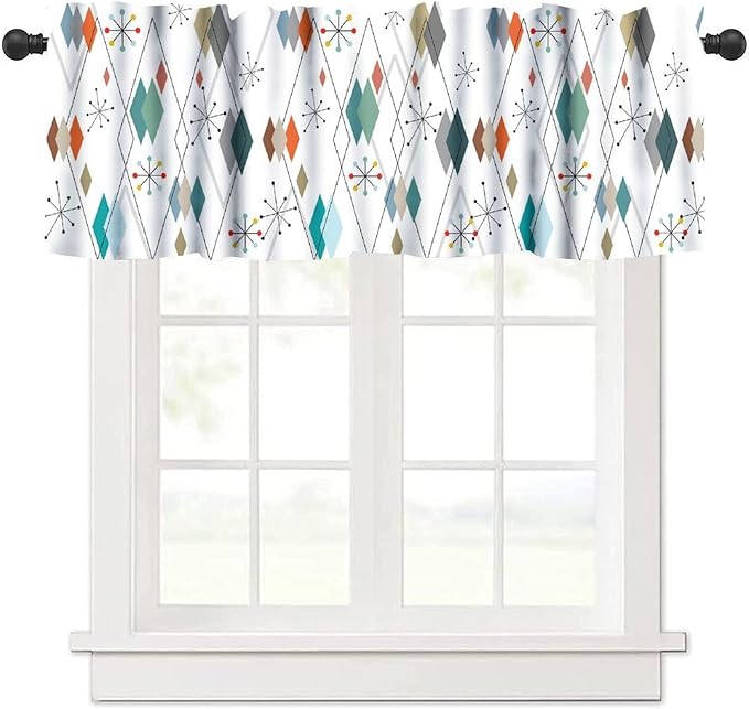 Mid Century Kitchen Valance Curtain, Europen Modern Abstract Colorful Diamond Geometric Print Vintage 1950S 60S Window Curtain Valance for Bedroom Living Room 54x18inch