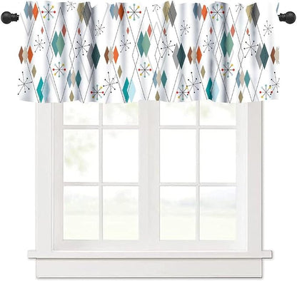 Mid Century Kitchen Valance Curtain, Europen Modern Abstract Colorful Diamond Geometric Print Vintage 1950S 60S Window Curtain Valance for Bedroom Living Room 54x18inch