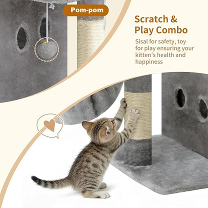 Heybly Cat Tree, 25.6-inch Cat Tower with Spacious Top Perch for Large Cats, Stair-Style Cat House Furniture with Dual-Layer Condos, Sisal Scratching Posts, Cozy Basket & Pompom, Light Gray HCT204SW
