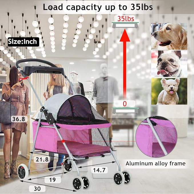 4 Wheels Pet Stroller,Dog Cage Protable Travel Folding Carrier Cart Waterproof Buggy Doggie Dog Stroller Jogger with Cup Holders for Small-Medium Pink
