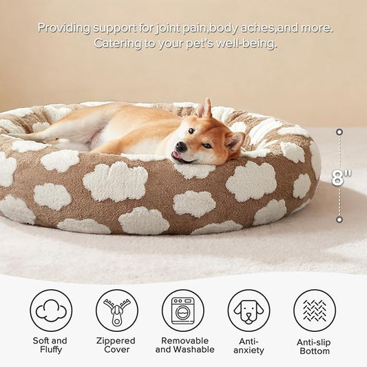 JOEJOY Donut Small Dog Bed, Round Cat Beds for Indoor Cats with Removable Washable Cover, Orthopedic Cute Puppy Kitten Pet Bed with Jacquard Shaggy Plush & Non Skid Bottom, Black