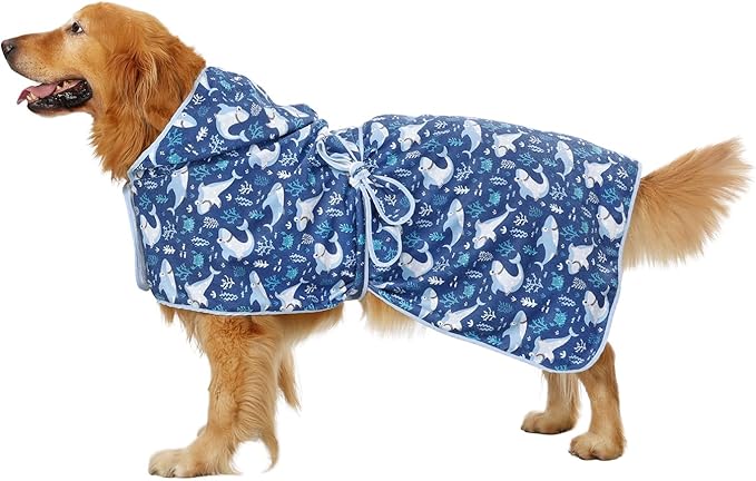 HDE Dog Bathrobe Super Absorbent Quick Drying Puppy Towel Wrap Coat Adjustable After Bath Robes with Hood for Dog Sizes S-XXL Sharks L
