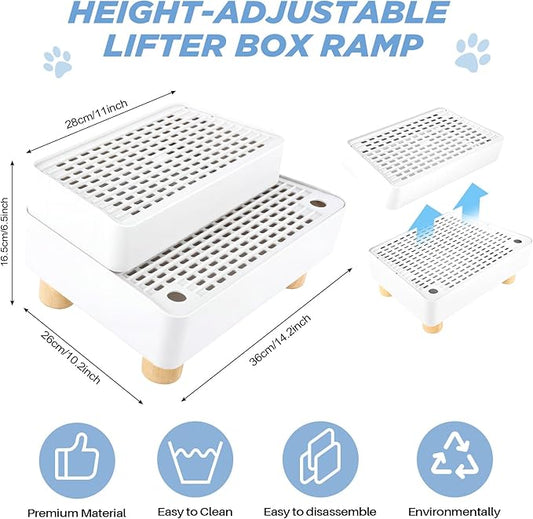 Adjustable 2 Steps Litter Box Ramp, Cat Litter Catcher Mat with Wooden Feet, Filter Function, Litter Box Step for Small & Elderly Cats, Fits Automatic Litter Boxes (White)