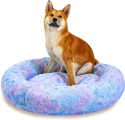 31 Inch Christmas Snowflakes Calming Dog Bed for Medium Dogs, Round Anti-Anxiety Warm Bed, Soft Cozy Anti-Slip Donut Washable Pet Bed, Fits up to 50 lbs Pets