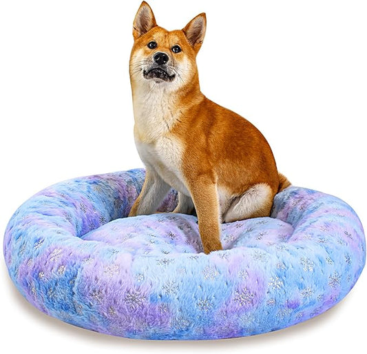 31 Inch Christmas Snowflakes Calming Dog Bed for Medium Dogs, Round Anti-Anxiety Warm Bed, Soft Cozy Anti-Slip Donut Washable Pet Bed, Fits up to 50 lbs Pets