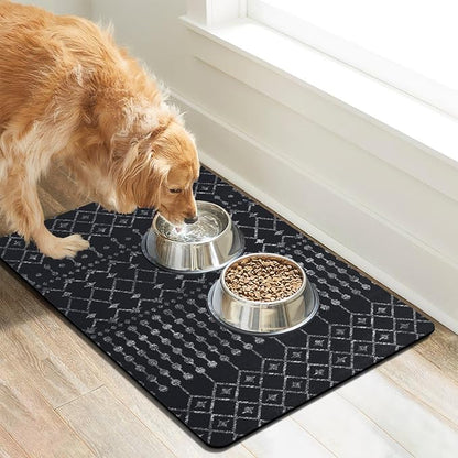 Dog Food Mats for Floors Absorbent, Cat Food Mat - Pet Cat Feeding Mat Quick Dry, Dog Bowl Mats for Water, Pet Supplies Feeding Placemat 16" x 24" Black Boho