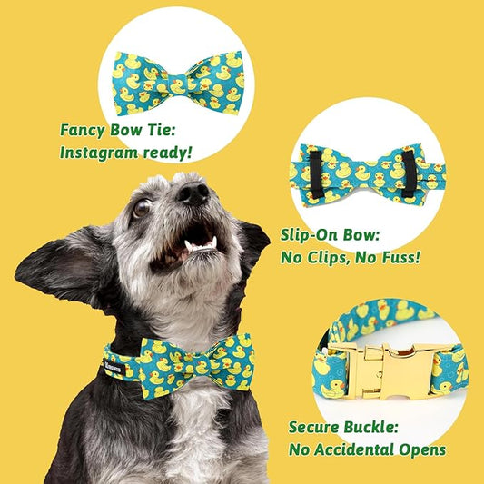 Maca Bates Summer Cute Duck Dog Collar with Bow Tie Funny Ducky Puppy Bowtie Collars Adjustable Durable Breakaway Green Fun Fancy Thick Collar for Boy Girl Male Female Dogs,Large