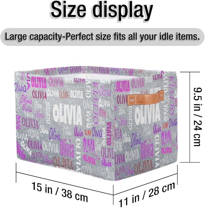 Custom Name Storage Bin, Personalized Rectangular Storage Basket with Handles for Organizing Boys Girls Toys Office Closet Shelf Baskets, Silver Glitters Print