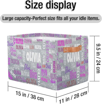 Custom Name Storage Bin, Personalized Rectangular Storage Basket with Handles for Organizing Boys Girls Toys Office Closet Shelf Baskets, Silver Glitters Print
