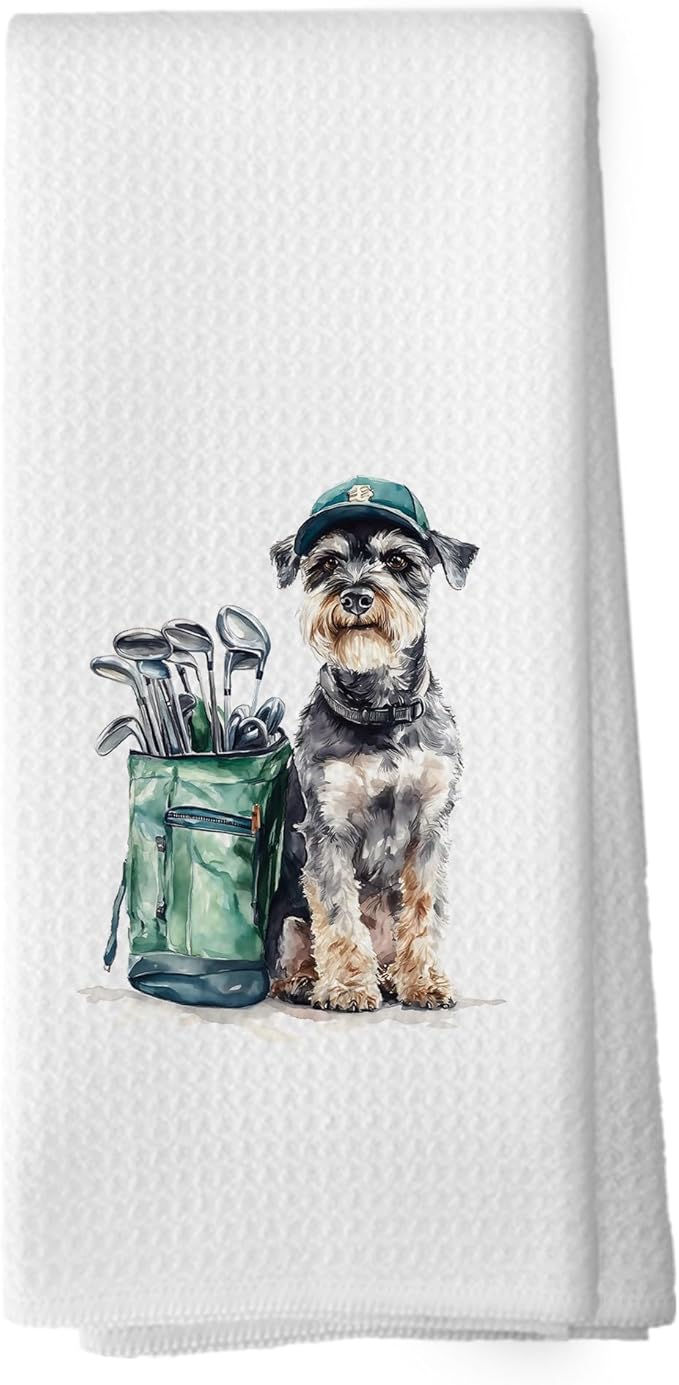 Golf Dog Kitchen Towels - Schnauzer Dish Towels, Sports Gifts, Pet Golf Club Decorative Absorbent Dishcloths Hand Towels for Kitchen Gym Spa Decor 16x24 Inches