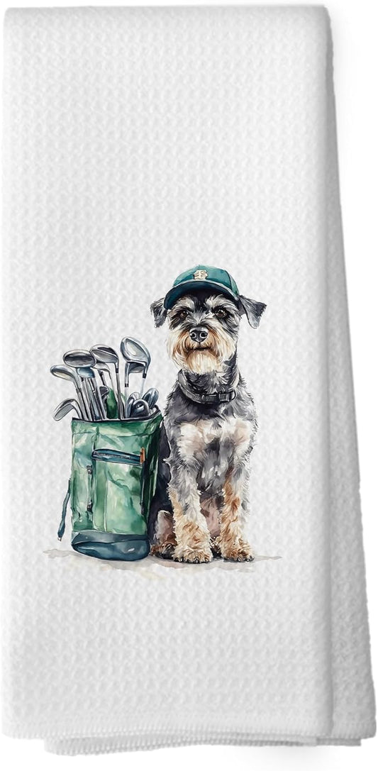 Golf Dog Kitchen Towels - Schnauzer Dish Towels, Sports Gifts, Pet Golf Club Decorative Absorbent Dishcloths Hand Towels for Kitchen Gym Spa Decor 16x24 Inches
