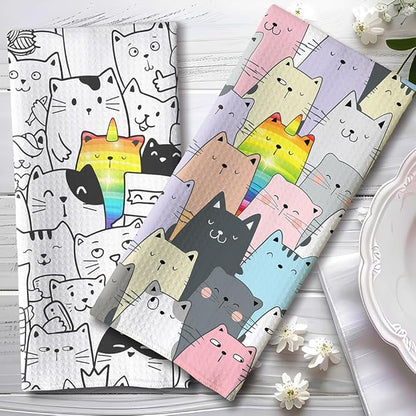 2-Pack Unicorn Rainbow Cat Kitchen Towels Set-Quick-Drying Decorative Dish Towels with Magical Animal Designs,Cute Hand Towels Featuring Special Kitty Symbolizing Unique Personality,Gifts for Cat Mom