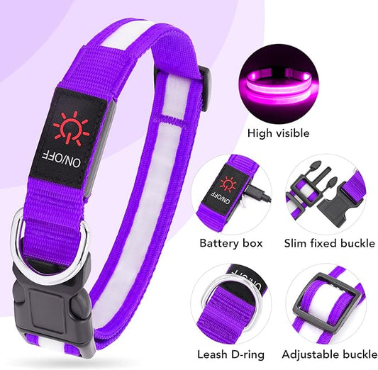 VIZPET LED Dog Collar, Light Up Dog Collar Adjustable USB Rechargeable Super Bright Safety Light Glowing Collars for Dogs (Purple, X-Large[22.83-27.55 inch/58-70cm])