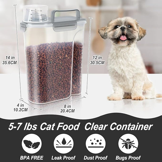 5-7Lbs Dog Cat Food Storage Container with Upgraded Large Nozzle BPA-free, 4 Snap Seals Plastic Pet Food Storage Containers with Handles (Claer(Pink+Grey), 5L-2pack)