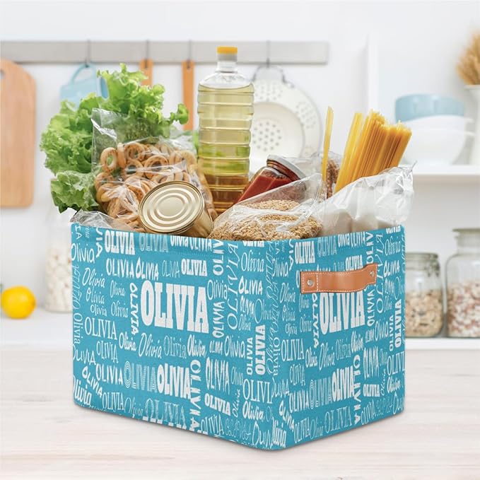 Custom Storage Baskets Named, Personalized Storage Bins Basket Boxes PU Leather Handles for Clothes Bedroom Closet Organizing Toys Books Shelves, Sky Blue Solid Color