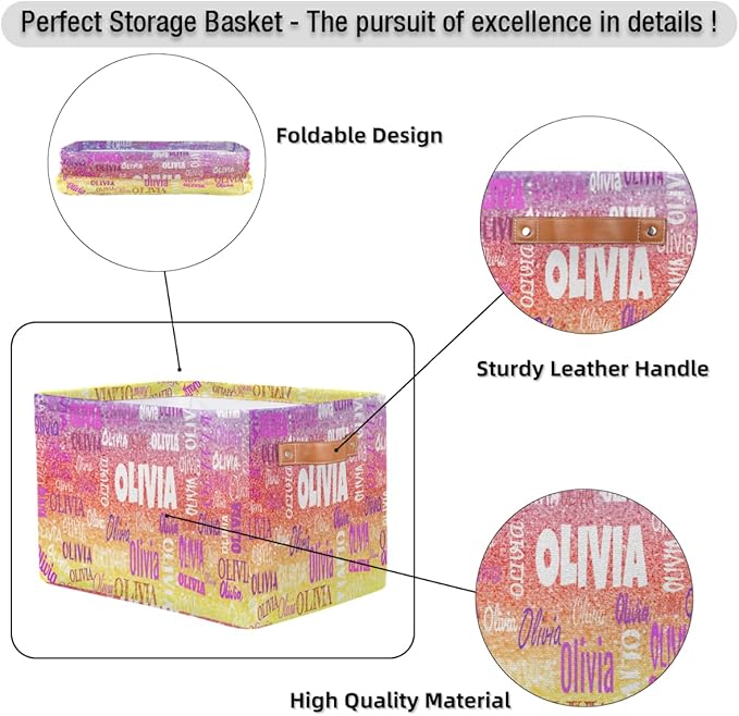 Custom Storage Baskets for Kids with Name, Large Foldable Organizer Collapsible Storage Bin with Leather Handle for Home Toys Closet Nursery, Bling Glitters Colorful Red Yellow
