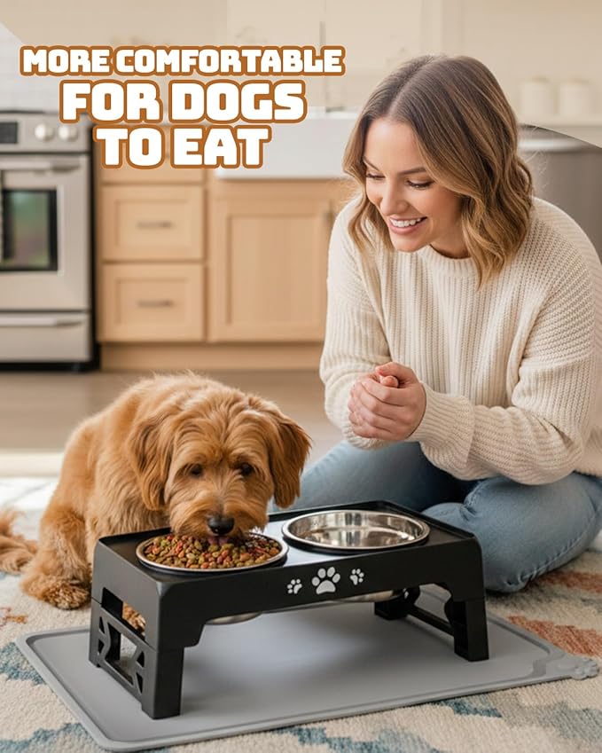 Elevated Dog Bowls with Mat for Small Dogs and Cats, Dog Feeder with 2 Thick 5.5" Stainless Steel Dishes, Non-Slip 2 Heights Adjustable to 2.6"-5.3"