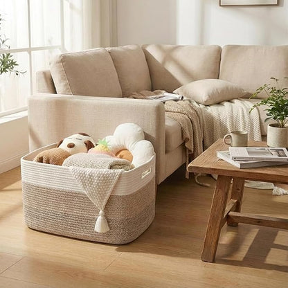 Woven Blanket Basket,65L Large Storage Bin for Blankets Toys Clothes,Decorative Rope Basket for Living Room Bedroom with Handles, White&Brown