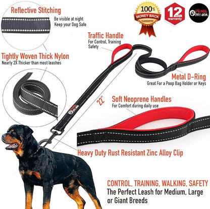 Primal Pet Gear Dog Leash 6ft Long,Traffic Padded Two Handle,Heavy Duty,Reflective Double Handles Lead for Control Safety Training,Leashes for Large Dogs or Medium Dogs,Dual Handles Leads(Black)
