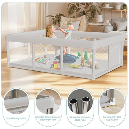 Baby Playpen Extra Large Play Yard 74" x 50" Playpen for Babies and Toddlers with Anti-Slip Suckers and Zipper Gate, Safety Baby Activity Center for Indoor & Outdoor