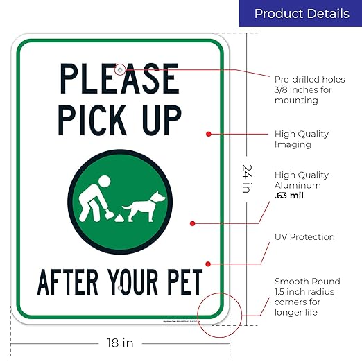 Clean Up After Your Dog Sign, Please Pick Up After Your Pet Sign, 18x24 Inches, Rust Free .063 Aluminum, Fade Resistant, Easy Mounting, Indoor/Outdoor Use, Made in USA