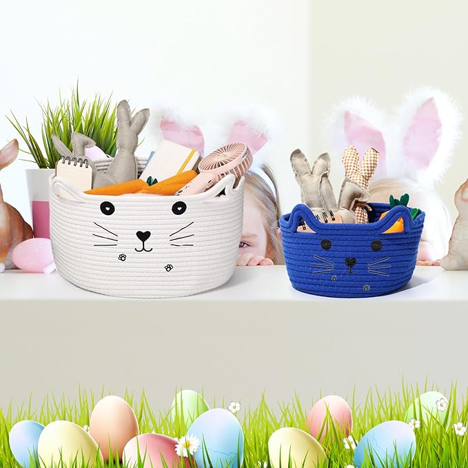 Zopeal Cat Basket Storage Woven Organizer with Ears Easter Decorative Pet Toy Cute Cotton Rope Basket for Gift Cat Dog Toy Bin Nursery Room(8.3 x 4.7 Inch,Royal Blue)