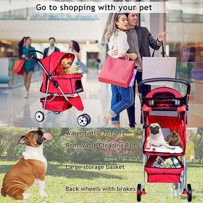 Dkeli 3-Wheel Pet Stroller, Lightweight Foldable Dog Stroller for Small Medium Dogs & Cats, Breathable Mesh & Weather Cover with Storage Basket, for Daily Walk Outdoor Travel (Red)