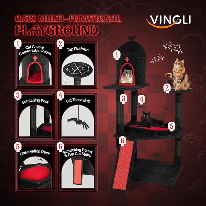 VINGLI 53.5in Gothic Cat Tree with Coffin Bed, Large Cat Tower for Indoor Cats with Spacious Condo, Spider Web Perch, Sisal Scratching Posts & Board, Hanging Spider Toys, Red & Black Cat Furniture
