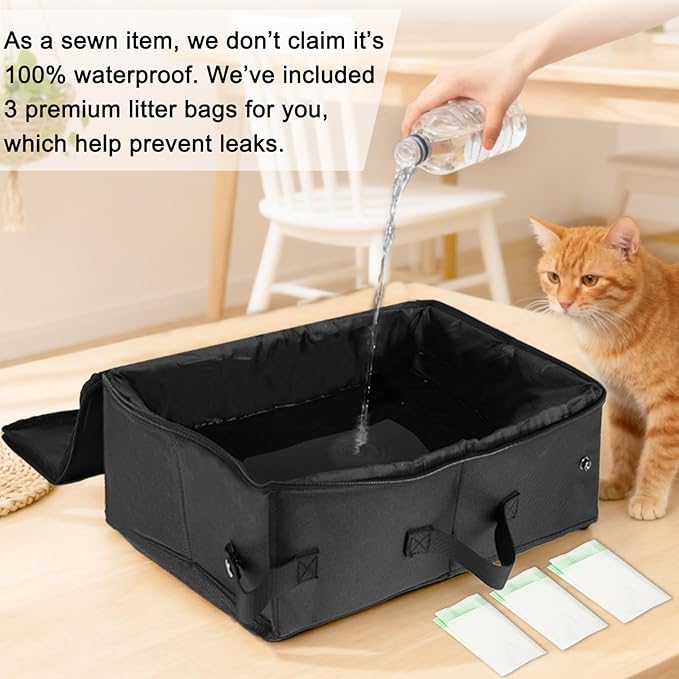 SZEE Travel Litter Box for Cats with Zipped Lid with 3 Pcs Disposable Liner Bags, Easy Cleaning, Suitable for Pets up to 15lbs, Portable Litter Box for Travel, Car, Hotel, Airplane, Camping - Black