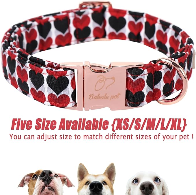 Valentines Dog Collar, Red Black Heart Valentine Pet Collar with Metal Buckel, Durable Adjustable Holiday Dog Collars for Small Medium Large Dogs S
