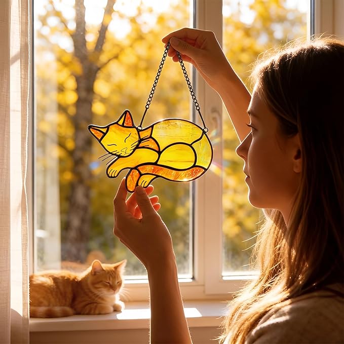Orange Cat Memorial Suncatcher,Handmade Stained Glass Window Haninging Ornament for Home Decor,Memorial Gifts for Pet Lovers,Pet Loss Sympathy Gift