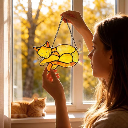 Orange Cat Memorial Suncatcher,Handmade Stained Glass Window Haninging Ornament for Home Decor,Memorial Gifts for Pet Lovers,Pet Loss Sympathy Gift