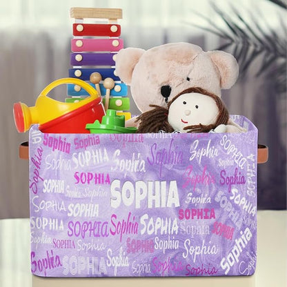 Custom Storage Baskets for Kids with Name, Large Foldable Organizer Collapsible Storage Bin with Leather Handle for Home Toys Closet Nursery, Light Purple Sand Texture Pattern