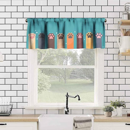 Paw Valances Curtain for Kitchen, Cartoon Cat Dog Paws Pattern Window Treatment Valances Short Curtains Rod Pocket Drape for Dining Room Home Farmhouse Decor, 54x18inch