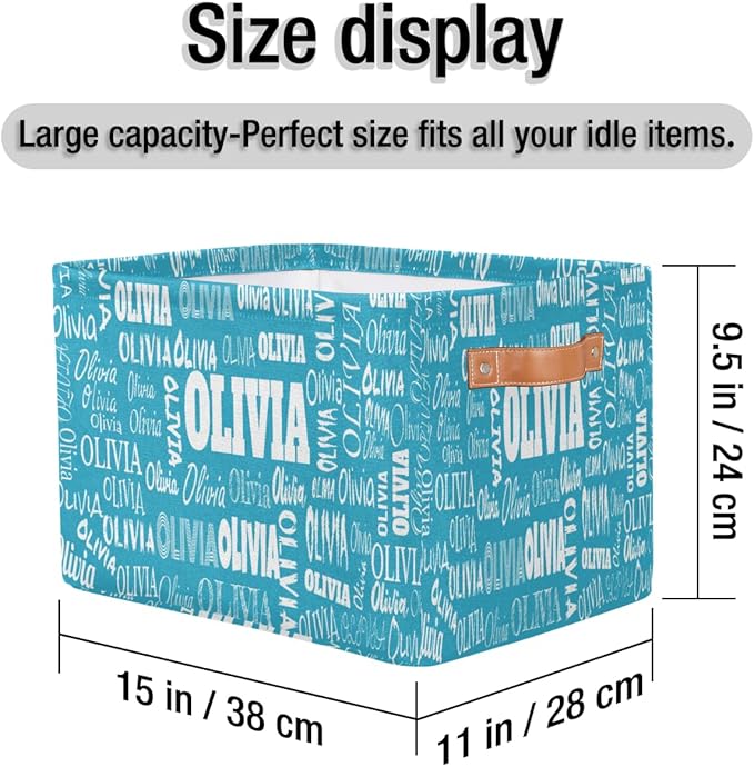 Custom Storage Baskets Named, Personalized Storage Bins Basket Boxes PU Leather Handles for Clothes Bedroom Closet Organizing Toys Books Shelves, Sky Blue Solid Color