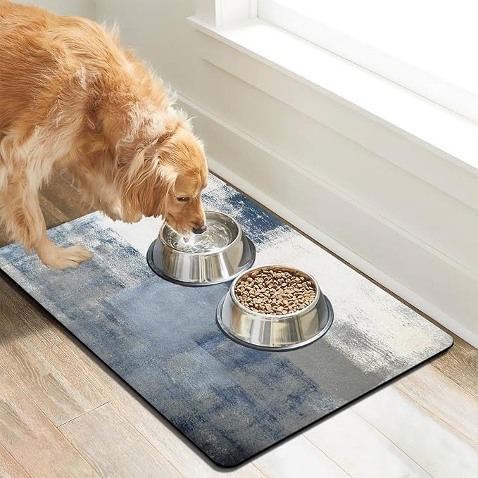 Dog Food Mats for Floors Absorbent, Cat Food Mat - Pet Cat Feeding Mat Quick Dry, Dog Bowl Mats for Water, Pet Supplies Feeding Placemat 12" x 20" Tie-Dye Light Gray