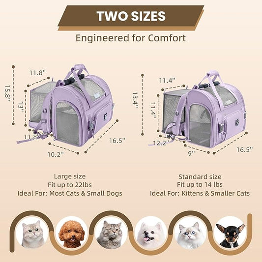 Lollimeow Expandable Cat Carrier Backpack for Large Cats - Airline Approved Pet Carrier Backpack for Small Dogs, Hiking & Travel, Waterproof with Breathable Mesh, 14lbs Capacity (Lavender, Standard)