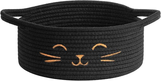 Small Storage Basket, Black Cute Pet Toy Storage for Cats, Dogs, Decorative Rope Bin for Organizing, Empty Gift Basket for Baby, Black, 9.8 x 4 inches