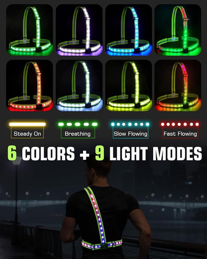 Zacro LED Reflective Vest with Chest Light 500LM, 5 RGB Colors High Visibility Rechargeable Light Up Running Vest IPX4 Night Safety Running Gear for Dog Walking, Cycling, Adjustable for Men Women