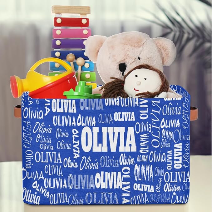 Personalized Kids Toy Box with Name, Custom Nursery Baskets Cubes Box, Kids Custom Storage Basket Laundry Baskets Organizer with Handles, Royal Blue Background