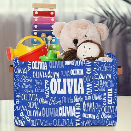 Personalized Kids Toy Box with Name, Custom Nursery Baskets Cubes Box, Kids Custom Storage Basket Laundry Baskets Organizer with Handles, Royal Blue Background