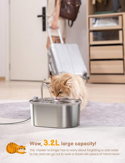 Cat Water Fountain Stainless Steel: 108oz/3,2L Pet Water Fountain - Water Fountain for Cats Inside with Quiet Pump - Dishwasher Safe Cat Fountains - Suitable for a Variety of Pets - SOOFPET