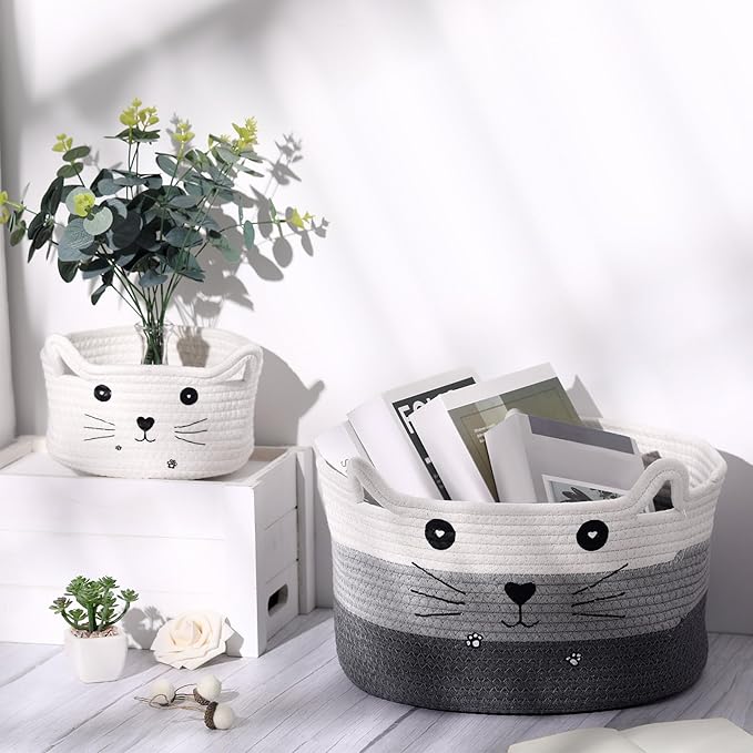 Zopeal Cat Basket Storage Woven Organizer with Ears Easter Decorative Pet Toy Cute Cotton Rope Basket for Gift Cat Dog Toy Bin Nursery Room(13.7 x 7.8 Inch,White, Light Gray, Dark Gray)