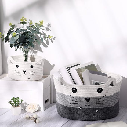 Zopeal Cat Basket Storage Woven Organizer with Ears Easter Decorative Pet Toy Cute Cotton Rope Basket for Gift Cat Dog Toy Bin Nursery Room(13.7 x 7.8 Inch,White, Light Gray, Dark Gray)