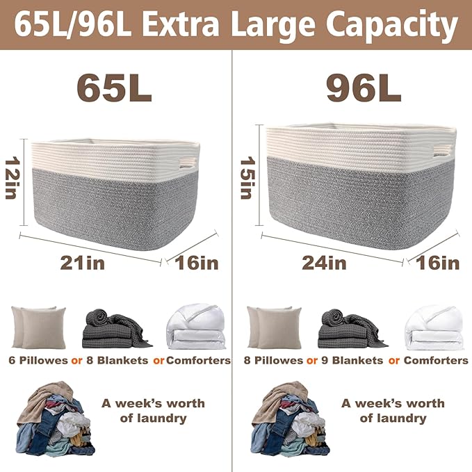 Woven Blanket Basket,65L Large Storage Bin for Blankets Toys Clothes,Decorative Rope Basket for Living Room Bedroom with Handles, White&Grey