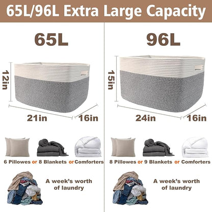 Woven Blanket Basket,96L Large Storage Bin for Blankets Toys Clothes,Decorative Rope Basket for Living Room Bedroom with Handles, White&Grey