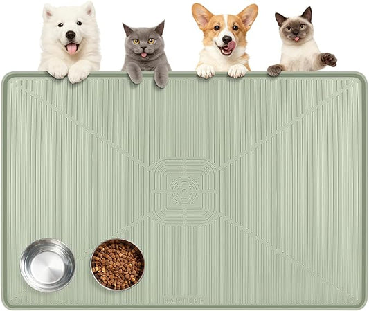 Lorvain 45" x 30" Cat Food Mat, Extra Large Silicone Pet Feeding Mat with Raised Edges, Pet Placemat for Cat Dog Food and Water Bowl Waterproof, Non-Slip, Easy to Clean, Floor Protection, Green