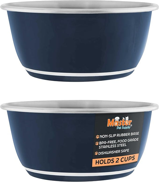 Master Pet Supply Stainless Steel Dog Bowls Set of 2 (16 Oz Each) with Non-Slip Rubber Base - Navy Blue - Basic Dog Food Bowl Water & Food Bowls for Small Medium Large Dogs & Cats, Metal Dish