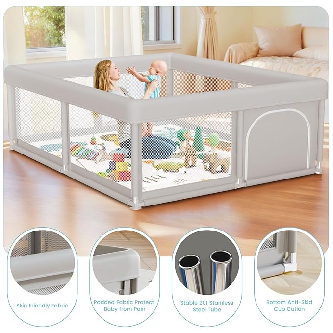 Baby Playpen 50x50 Inch Baby Playpen with Mat, Play Pen for Babies and Toddlers, Playard with Gate, Sturdy Safety Fence, Indoor & Outdoor Kids Activity Center