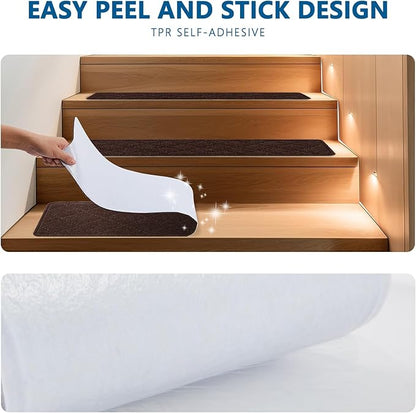 Stair Treads for Wooden Steps Indoor, 15 Pack 8" X 30" Non Slip Carpet Stair Treads with Reusable Adhesive for Kids Elders and Dogs, Surface Polyester TPR Backing Stair Rugs, Brown